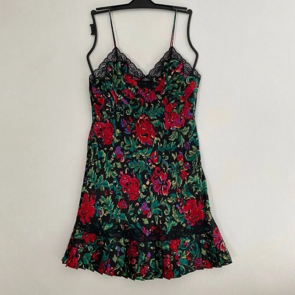 Victoria’s Secret Floral Slip Dress Lace Trim Mini Pleated Hem Size S